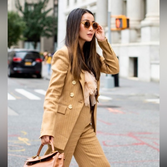 Veronica Beard‎ Gaya Linen-Blend Pinstriped Dickey Blazer Camel - Picture 2 of 11